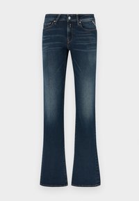 Σκούρα μπλε καμπάνες τζιν, κατασκευασμένες από ντένιμ, με σχεδίαση πέντε τσεπών, εμπρόσθιο κλείσιμο με κουμπιά και διακριτική ξεθώριαση στους μηρούς.