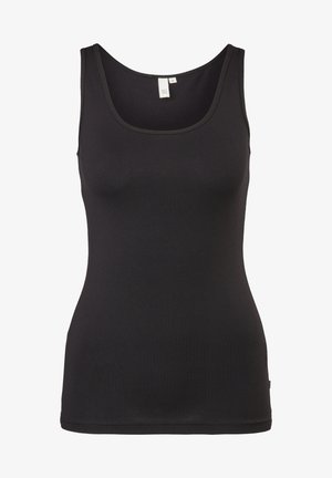 Črna majica brez rokavov iz gladkega materiala, z izrezom v obliki čolna in oprijetim krojem. Brez vidnih vzorcev, dodatkov ali kovinskih detajlov.