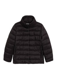 Zwarte pufferjack met een opstaande kraag, voorzien van een doorgestikt ontwerp en zijzakken. Het bovenmateriaal lijkt glad en glanzend.