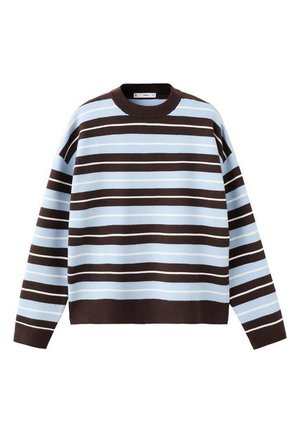 Gestreepte trui van zachte stof; met afwisselend blauwe, bruine en witte horizontale strepen; ronde hals; lange mouwen; ontspannen pasvorm.