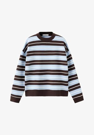 Pruhovaný sveter z mäkkej látky; obsahuje striedavé modré, hnedé a biele horizontálne pruhy; okrúhly výstrih; dlhé rukávy; voľný strih.
