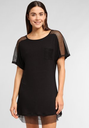Schwarzes Kleid mit lockerer Passform, mit Netzärmeln und einer strukturierten Tasche. Glatter Stoff mit einem kürzeren, durchsichtigen Saum.