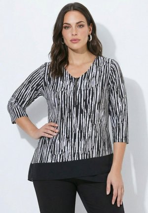 Ulla Popken, STRIPED ZIP-FRONT 3/4 SLEEVE T-SHIRT BLOUSE - Langærmet T-shirt - black