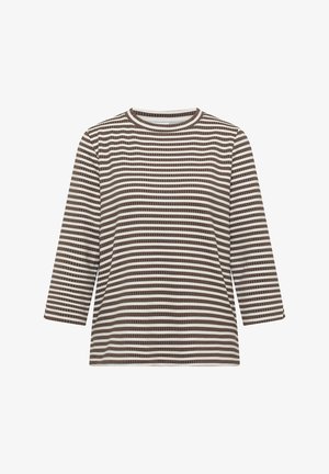 Brun och vit horisontellt randig långärmad skjorta med rund halsringning och ribbad yta.