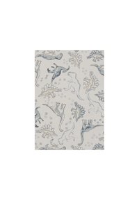 Bomullsstoff med en lys beige bakgrunn og blå og grå dinosaurmønstre, inkludert Stegosaurus- og Brontosaurus-design.