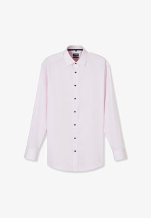 Chemise à manches longues pour homme, rose clair, avec boutons noirs et col pointu, présentée à plat sur un fond blanc.
