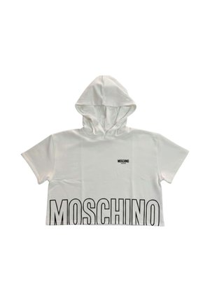 Valkoinen lyhythihainen crop-huppari, jossa suuri musta "MOSCHINO"-teksti helmassa ja pieni logo rintakehän keskellä.