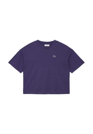 T-shirt corto viola in cotone. Presenta un colletto rotondo e un piccolo logo ricamato sul lato sinistro del petto.