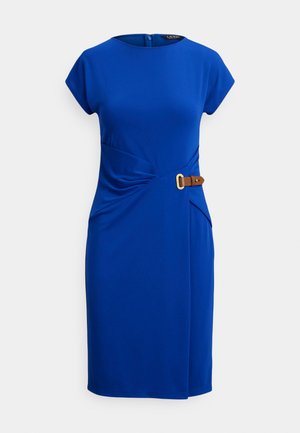 Blue dress with short sleeves, fitted design, twisted detail at the waist, and a brown belt accent with a gold buckle. Smooth fabric texture.