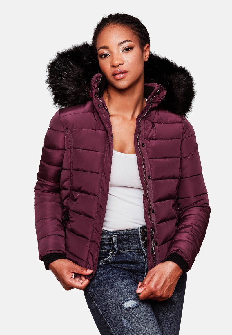 Burgundy puffer jacket with a faux fur hood, ribbed cuffs, and zippered pockets; features a quilted pattern and a fitted silhouette.