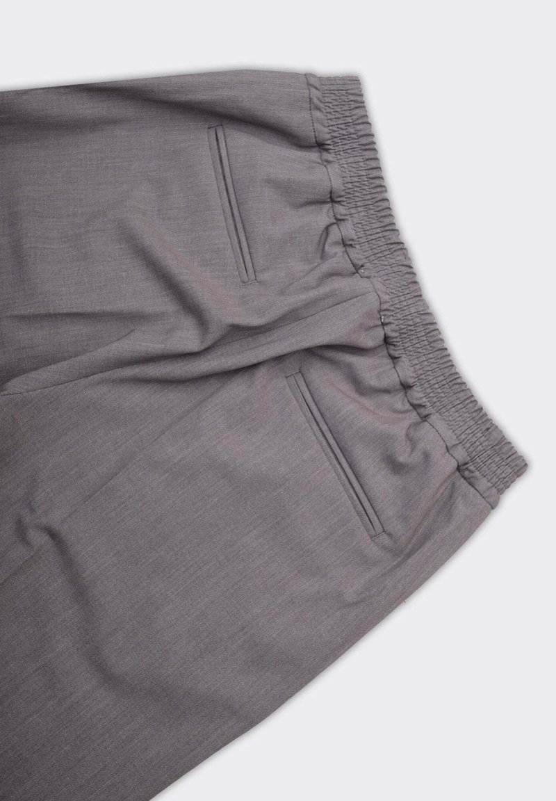 Pantaloni grigi con cintura elastica, dotati di tasche frontali piatte e un tessuto liscio e strutturato. Design sartoriale con una silhouette moderna.