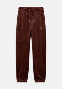 Smešani smeđi velur trenerke s elastičnim pojasom, podesivim vezicom, rebrastim manžetama i izvezenim logom od rhinestona na lijevom bedru.