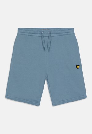 Blauwe katoenen shorts met een elastische tailleband en trekkoord. Voorzien van een klein zwart en geel vlinderlogo op het linkerpand.