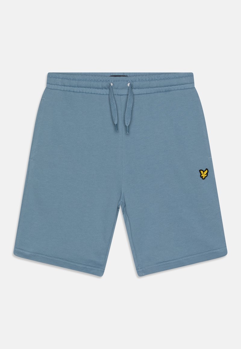 Shorts en coton bleus avec une taille élastique et un cordon de serrage. Présente un petit logo de papillon noir et jaune sur la cuisse gauche.
