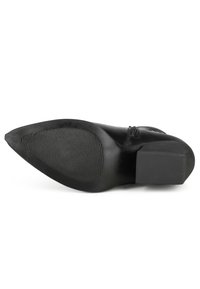 Suela de zapato de cuero negro con puntera puntiaguda y tacón rectangular. Superficie texturizada con surcos horizontales para mejorar el agarre.