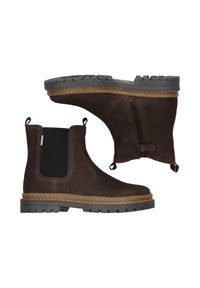 Bottes chelsea en cuir marron avec des panneaux élastiques noirs sur les côtés, des languettes d'enfilage et des semelles en caoutchouc, une botte montrée de côté, l'autre avec la semelle visible.