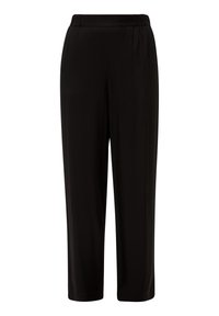 Zwarte broek van gladde stof, met een elastische tailleband, rechte pijpen en omgeslagen zoom.