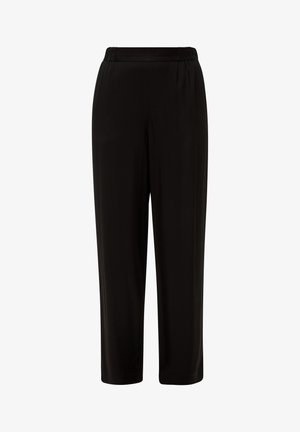 Zwarte broek van gladde stof, met een elastische tailleband, rechte pijpen en omgeslagen zoom.