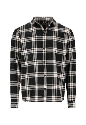 Black and gray plaid flannel shirt with a button-down collar, long sleeves, and a rounded hem. Features white accents in the plaid pattern.