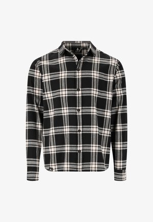 Zwart en grijs geruite flanellen overhemd met een knoopsluiting, lange mouwen en een afgeronde onderrand. Bevat witte accenten in het ruitpatroon.