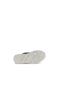 Suola in gomma marrone con motivo testurizzato, caratterizzata da linee diagonali e accenti circolari; intersuola bianca con dettagli maculati.