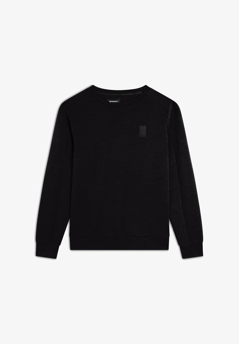 Sudadera negra de cuello redondo hecha de una tela suave, con mangas largas, un escote redondeado y un pequeño parche de logo negro en la parte frontal.