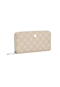Portafoglio beige con zip in pelle testurizzata, caratterizzato da un motivo ripetitivo discreto. Presenta un accento in logo argentato e una linguetta in metallo per la zip.