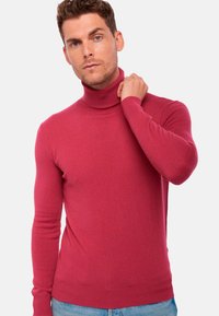 Un pull col roulé rouge en maille douce, doté de manches longues et d'un design ajusté, présenté sur un modèle devant un fond uni.