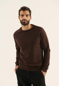 Brun crew-neck sweatshirts med långa ärmar, tillverkad av mjukt tyg. Har ribbade ärmar och nederkant. Bärs med mörka byxor. Enkel design, inga mönster.