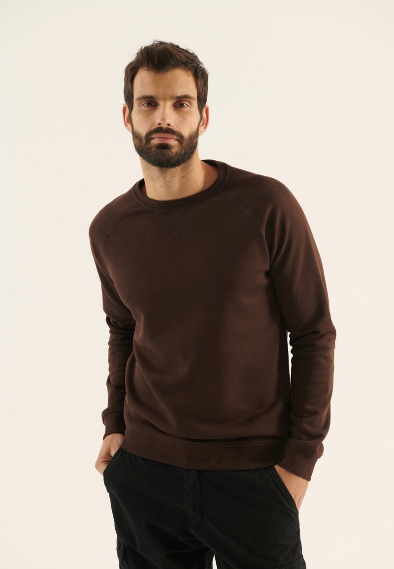 Brun crew-neck sweatshirts med långa ärmar, tillverkad av mjukt tyg. Har ribbade ärmar och nederkant. Bärs med mörka byxor. Enkel design, inga mönster.