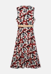 Floral dress featuring a red, black, and white pattern, sleeveless design, and a tan belt at the waist with a flared skirt.