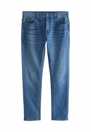 Modré slim fit rifle z denimu s prednými vreckami, očkami na opasok, zapínaním na gombíky a vyblednutým vzorom na oblasti stehna.