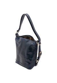 Borsa a spalla blu in pelle con una trama liscia, chiusura con zip, tracolla regolabile e foderatura interna a quadri per una migliore organizzazione.