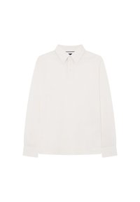 Langarm-Poloshirt in Weiß, aus weichem Material, mit klassischem Kragen, Knopfleiste mit drei Knöpfen und Manschetten mit Knopfverschluss.