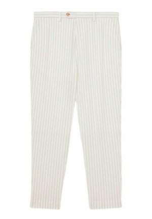 Pantaloni albi cu dungi subțiri bej, având un elastic cu nasture la talie, picioare drepte și o textură de țesătură netedă, ușoară.