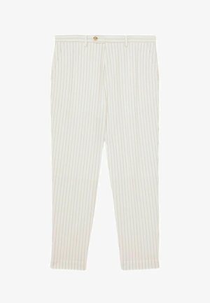 Pantaloni bianchi con sottili strisce beige, dotati di vita con bottone, gambe dritte e una texture in tessuto morbido e leggero.