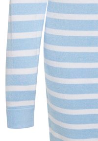 Maglione a maglia a strisce blu chiaro e bianche con maniche lunghe. La texture è morbida e presenta una finitura a costine all'estremità delle maniche.