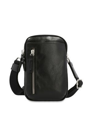 Kompakte schwarze Leder-Umhängetasche mit einer vorderen vertikalen Reißverschlusstasche, verstellbarem Schulterriemen und silberfarbener Hardware.