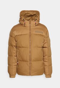 Brown puffer jacket with a hood, featuring a front zipper, elastic cuffs, and logo patch. Constructed from smooth, water-resistant material.