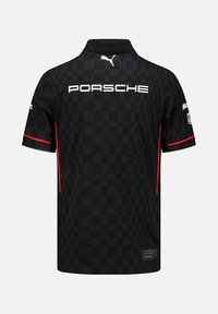 Czarna koszulka polo z krótkim rękawem w kratę, z białym napisem "Porsche" oraz czerwonymi akcentami na rękawach.