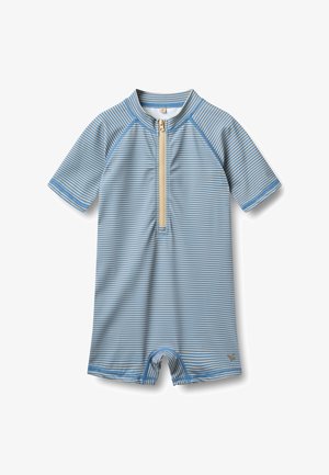 Maillot de bain rayé bleu et blanc à manches courtes pour tout-petit, avec fermeture éclair devant et jambes courtes, sur fond blanc.