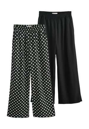 Two pairs of wide-leg pants with elastic waistbands; one black with white polka dots, the other solid black.