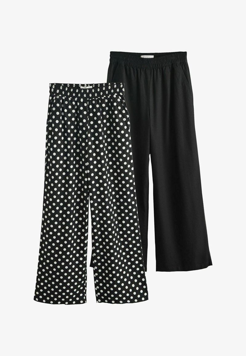 Deux pantalons à jambes larges avec ceintures élastiques ; l'un noir à pois blancs, l'autre noir uni.