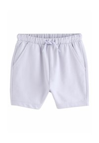 Lyse lavendelshorts lavet af blødt stof med elastisk talje, snor og to sidelommer, med en ren, glat finish.