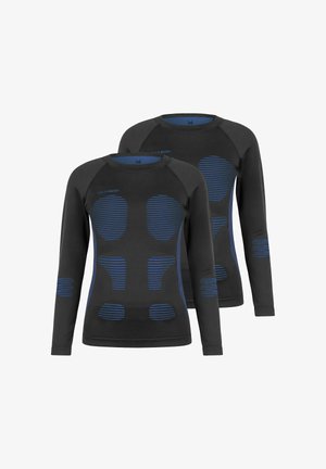 Black long-sleeve thermal shirts featuring blue horizontal stripes in specific areas. Made of stretchable fabric with a fitted design.