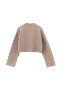 Cropped trui in beige, gemaakt van zacht gebreid materiaal. Voorzien van een geribde kraag en brede, taps toelopende mouwen voor een comfortabele pasvorm.