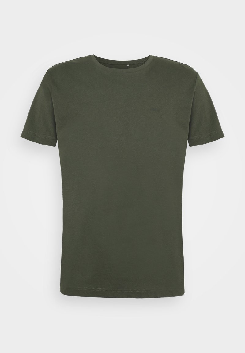 T-shirt uni vert foncé à manches courtes et col rond, présenté sur un fond blanc plat.