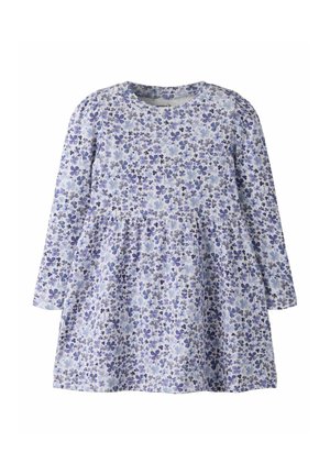 Robe à manches longues pour filles avec taille froncée, recouverte d'un petit imprimé floral bleu et violet sur un fond clair.