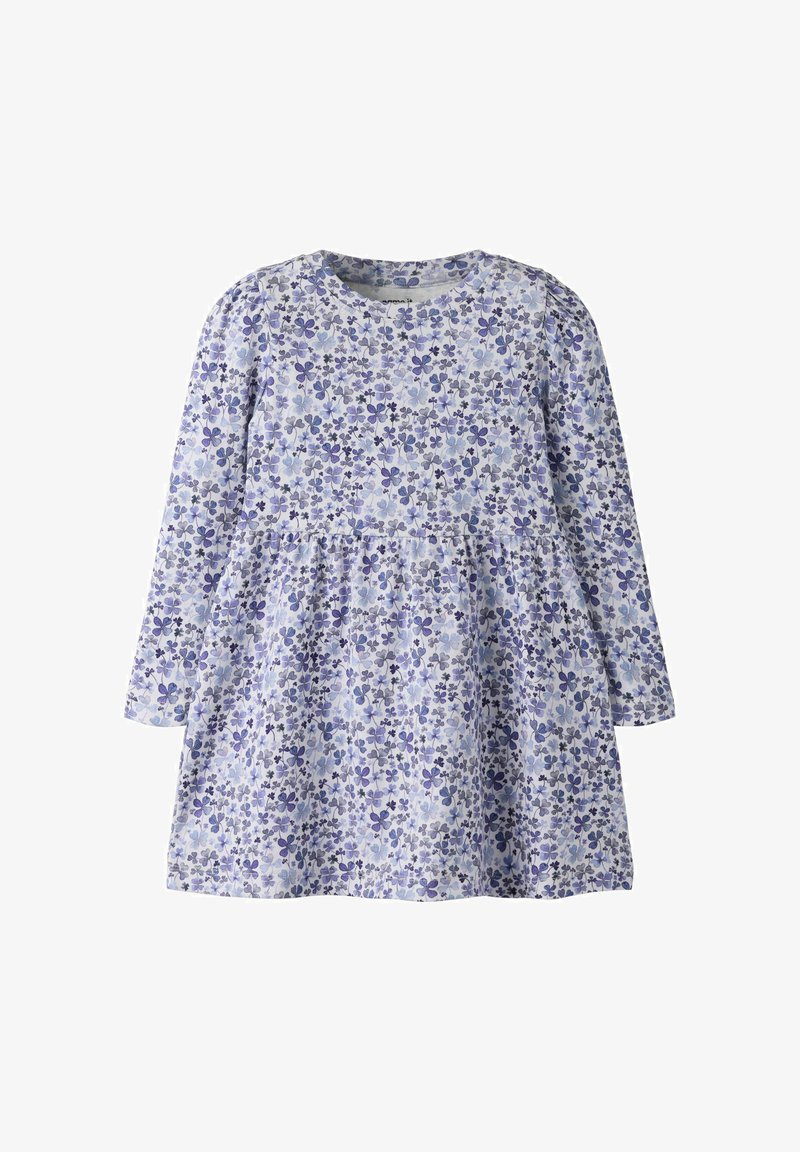 Robe à manches longues pour filles avec taille froncée, recouverte d'un petit imprimé floral bleu et violet sur un fond clair.