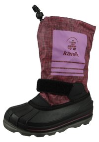 Wodoodporna zimowa boots z teksturowanym burgundowym materiałem górnym i czarną gumową podeszwą. Posiada rzep i ściągacz na górze.